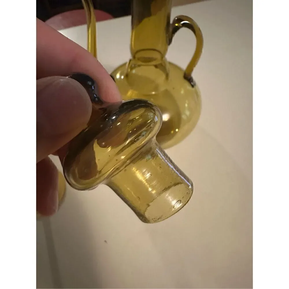 Vintage Cruet Side Spout Amber Glass Decanter  Pitcher Handblown & 2 Glasses MCM